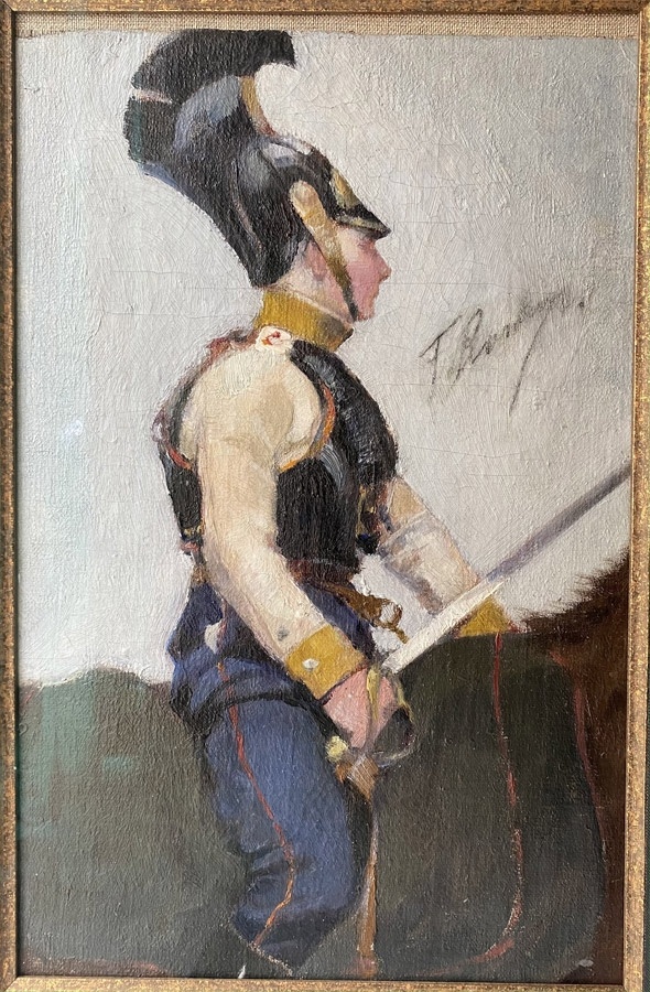 «Рядовой Астраханского кирасирского полка». Этюд Франца Рубо к панораме «Бородино». Около 1912 года. Технические данные эскиза: холст, масло; 33,8 х 22,2 см. Подпись правее центра: "F. Roubaud.". На обороте холста имеется надпись: "erhalten am 13 Juni 18 von | Professor Franz Roubaud | München | Jos. Schröfl". Перевод: «получено 13 июня 18 г. от профессора Франца Рубо. Мюнхен. Джоз. Шрёфль». По всей видимости, это - Джозеф Шрёфл, мюнхенский торговец и владелец ломбарда. Среди прочего он торговал восточными коврами и картинами мюнхенских художников. В 1916 году он переименовал свою фирму «Продажа товаров и Ломбард Джозефа Шрёфла» в «Художественный магазин Джозефа Шрёфла». «Рядовой Астраханского кирасирского полка» первоначально был продан на аукционе военной истории берлинским отделением аукционного дома «Кабинет» 25 июня 2020 года. Причём при эстимейте в 3300 евро, картину продали лишь за 800 евро. По тогдашнему курсу – чуть больше 62000 рублей (сейчас это, примерно, 72000 руб.). 24 ноября 2021 года на Московском антикварном салоне в Гостином дворе картину представлял Московский антикварный дом «12й стул». В 2022 году работа дважды, с разницей в один месяц, выставлялась на торги московским аукционным домом «Стрелец». Сначала за 900000 руб., затем за 700000 руб. Но она не была продана. Аукцион № 2 «Московской коллекции» открывается сегодня, 26 апреля 2023 года, на интернет-платформе «АртСреда». Аукционеры установили начальную цену продажи в 750000 рублей, что, на мой взгляд, слишком дорого! Ссылка: https://vk.com/wall-211677668_162 и https://roubaud.ru/ryadovoy-astrahanskogo-kirasirskogo-polka