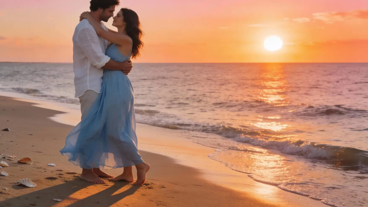 Влюбленная пара на берегу моря наслаждается друг-другом