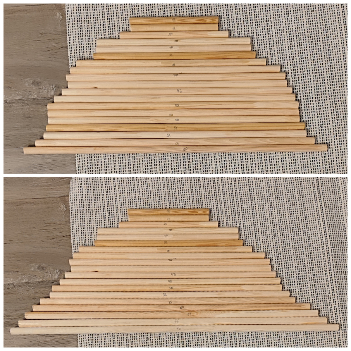 Было - стало. Убрала палки длиной 50, 50, 51, на их место придвинула нижние, и добавила новые длиной 63, 66, 70. 