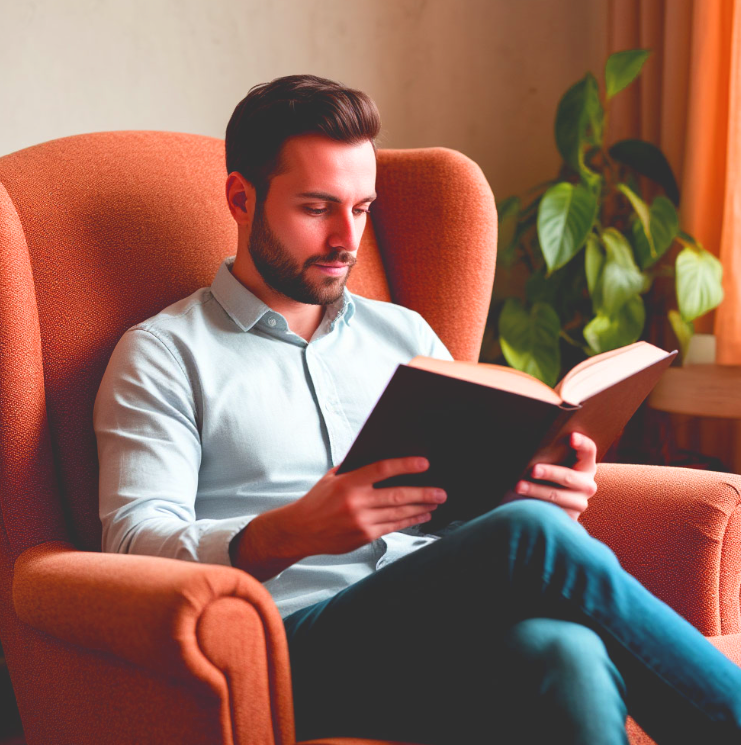 Джентельмен читает бумажную книгу.