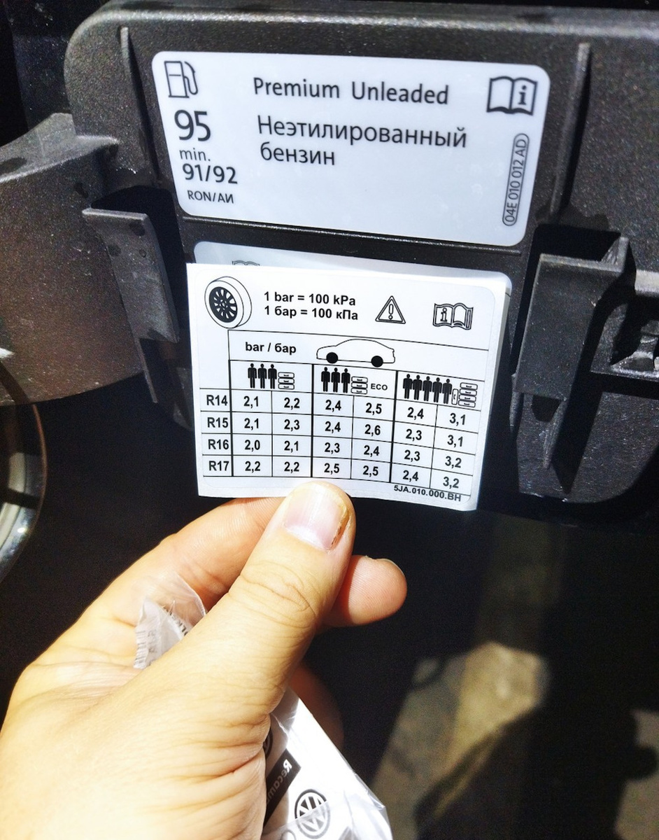 Данная наклейка располагается в дверном проёме либо на лючке бензобака.