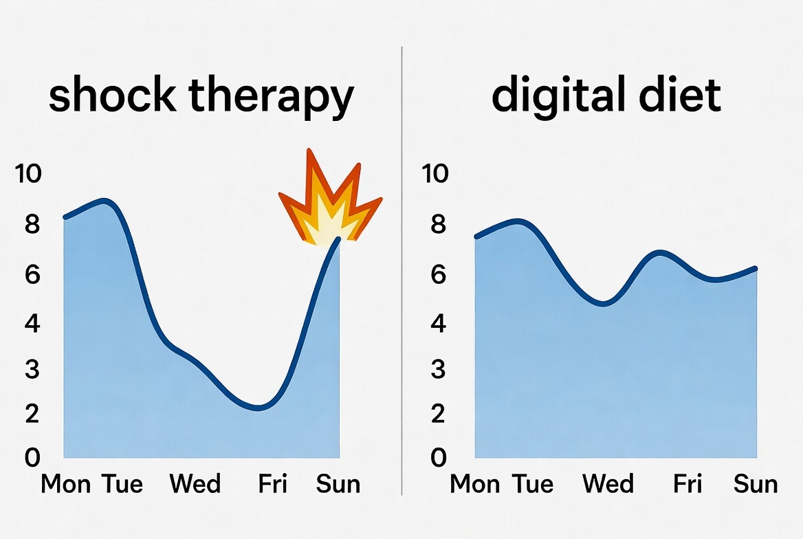 Наглядная неврология. Слева — график «цифрового похмелья»: мозг наказывает себя за резкую депривацию взрывным откатом. Справа — путь «цифровой диеты»: мозг получает предсказуемость и сохраняет контроль. Устойчивость всегда важнее героических подвигов.