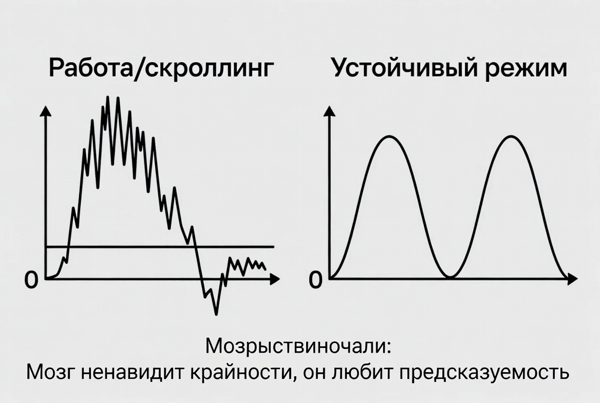 Внутренние качели вашего внимания. Резкие пики и провалы — это стресс для нейрохимии, путь к зависимости и выгоранию. Ровная синусоида — признак здоровой саморегуляции. Мозг, как и желудок, предпочитает дробное питание, а не чередование голодовок и обжорства.
