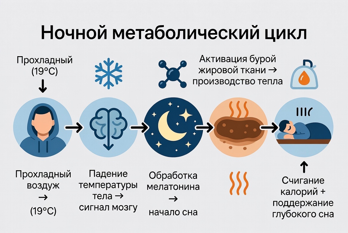 Круговая порука здоровья. Начинается с одной настройки — прохладного воздуха. Он запускает цепную реакцию: падение температуры тела → сигнал мозгу → выработка гормона сна → активация бурого жира → сжигание калорий для обогрева → поддержание глубокого сна. Одно тянет за собой другое.