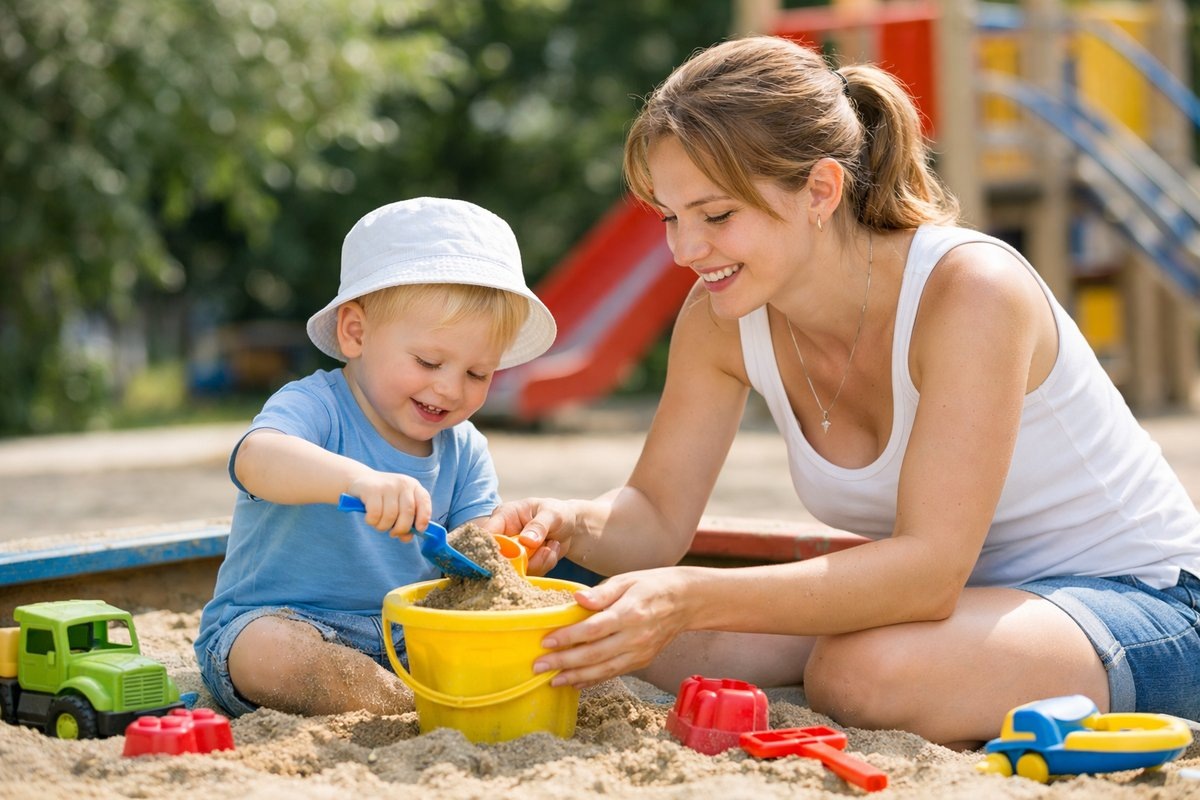 Мама играет с малышом в песочнице