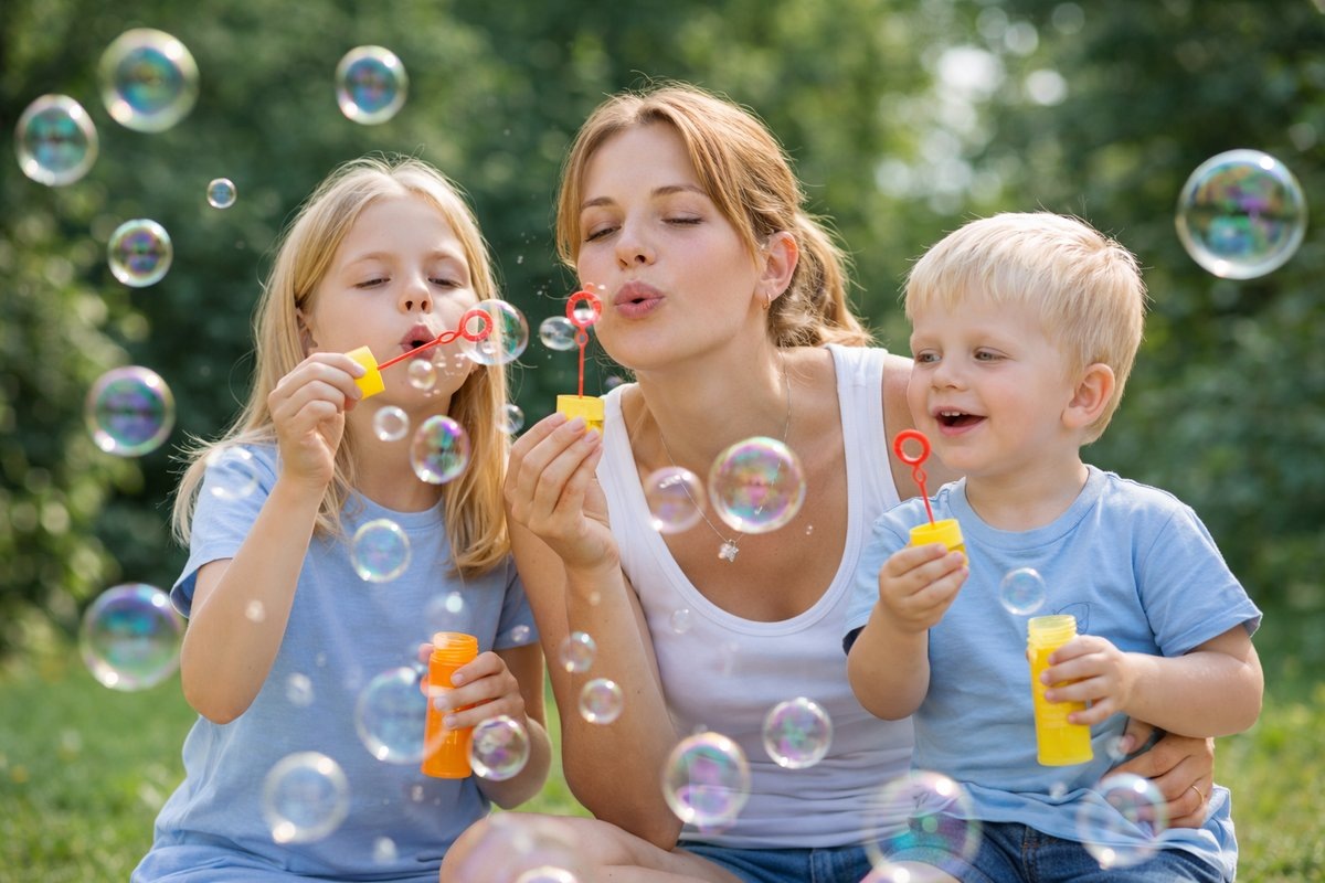 Мама с детьми пускает мыльные пузыри