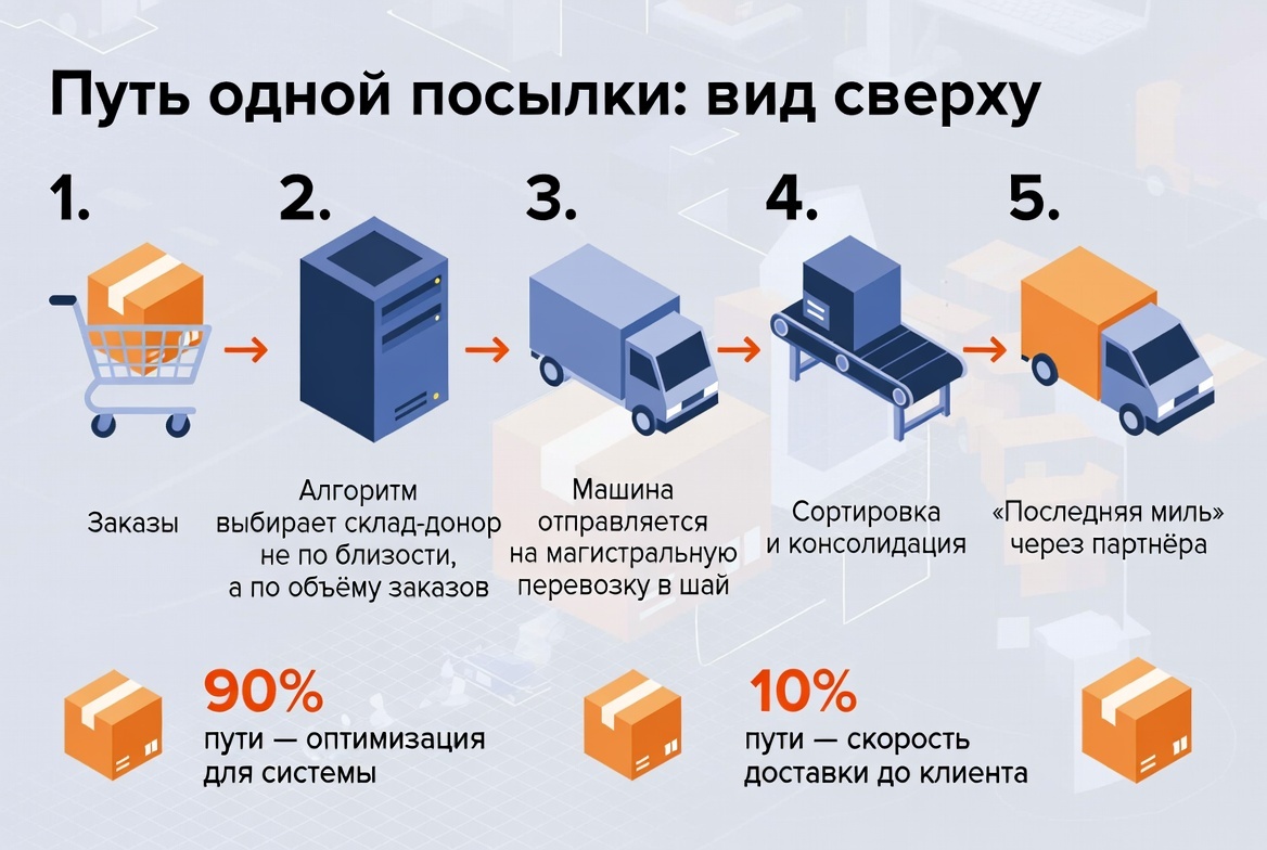 Разбор полёта вашей посылки по косточкам. 5 этапов, которые проходит каждый заказ. Обратите внимание на этапы 2 и 4: именно здесь алгоритм «думает» не о вас, а об общей эффективности. 90% маршрута — это оптимизация для системы, и только последние 10% — для вас.