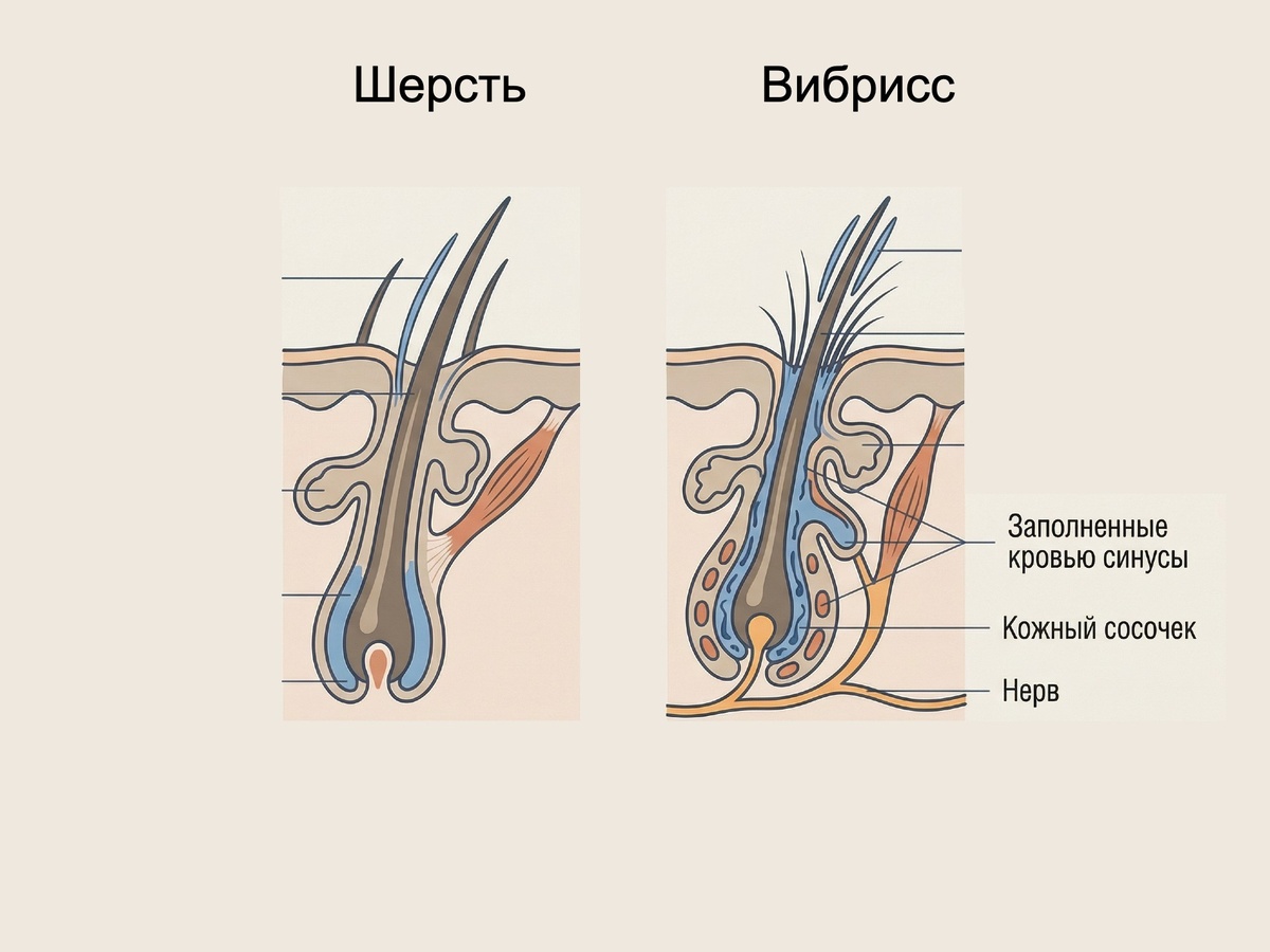 Различное строение волосков: шерсть и вибриссы