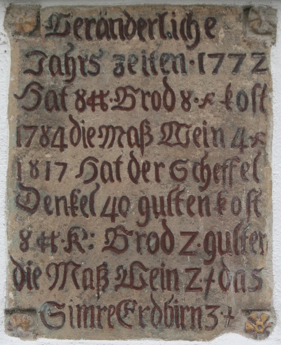 Таблица цен на продукты питания в Нойлоутерне , сравнивающая цены 1772 и 1784 годов с ценами 1817 года: «Изменчивость в зависимости от сезона. В 1772 году 8 фунтов хлеба стоили 8 крейцеров , в 1784 году мера вина стоила 4 крейцера. В 1817 году бушель денкеля стоил 40 гульденов , 8 кусков кукурузного хлеба — 2 гульдена, мера вина — 2 флорина, а тушеная клубника — 3 флорина». wikipedia.org