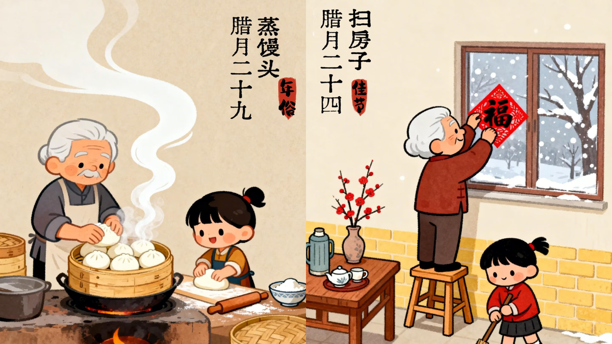 Обратите особое внимание на день 腊月二十四 (Làyuè èrshísì Лаюэ эршисы), 24-й день 12-го лунного месяца - именно он официально называется 扫房子日 (sǎo fángzi rì сао фанцзы жи), «день уборки дома». В этот день каждая семья начинает свою «великую чистку».*