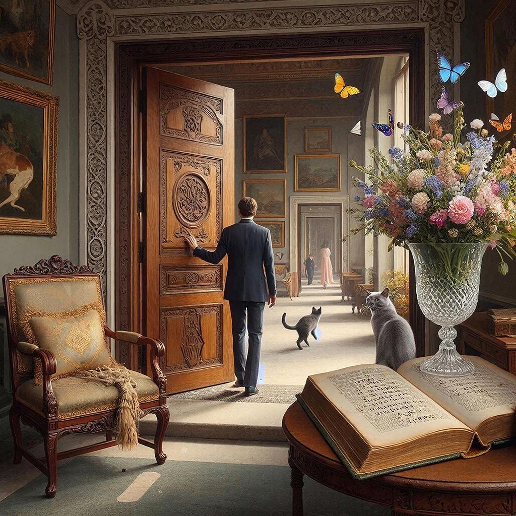 Поднявшись, гость оказался на просторном крыльце. С одной стороны — элегантный стол с вазой, источающей неповторимый цветочный аромат. Над цветами порхали бабочки. Рядом лежала большая раскрытая книга с загадочными иероглифами. С другой стороны крыльца стояло большое кресло с подушкой, украшенной золотой тесьмой, словно кто-то только что поднялся с него.

Сделав несколько шагов, гость подошёл к дубовой двери с изящной резьбой. Кот снова коснулся его мордой, словно говоря: «Не медли». Дверь бесшумно открылась.

Внутри — огромный, со вкусом обставленный холл с картинами разных эпох на стенах. Кот прошмыгнул мимо и скрылся в одном из проёмов. Гость замер, чувствуя лёгкое замешательство и одиночество, как вдруг услышал тихий стук каблуков.