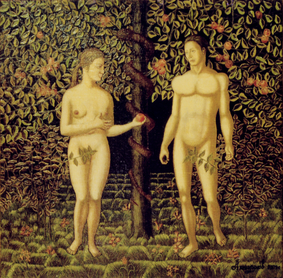 "Жизнь. Адам и Ева", 62х62 см, холст, масло, 2000 г.с. Автор картины - Алексей Акиндинов.