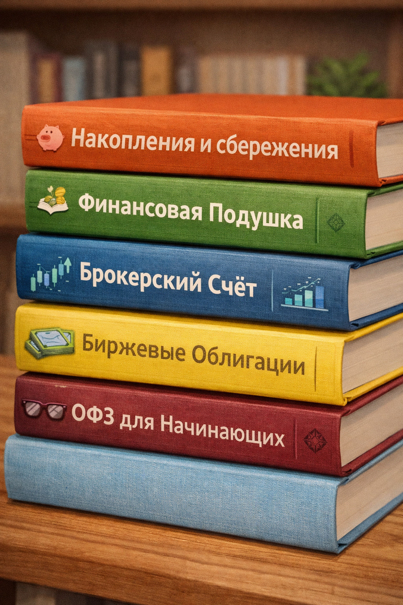 Пять книг по финансовой грамотности, которые изменили отношение к деньгам. Книги лежат стопкой на деревянной поверхности.