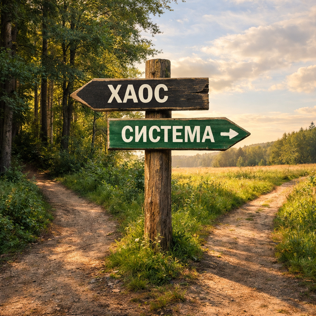 Развилка на дороге как символ выбора между финансовым хаосом и системой. Указатель с направлениями «Хаос» и «Система».