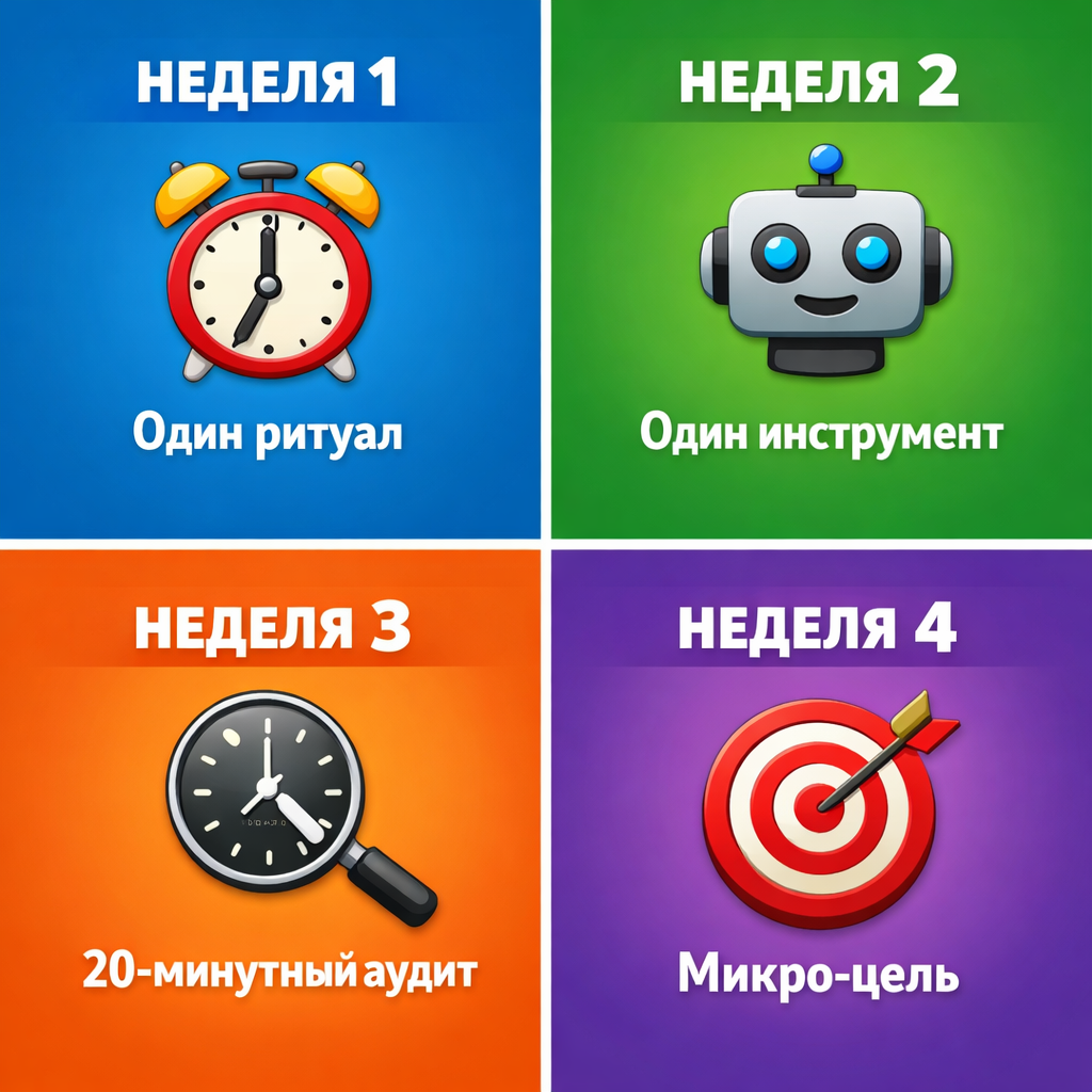 Инфографика с четырёхнедельным планом для закрепления финансовых привычек: ритуал, инструмент, аудит, цель.