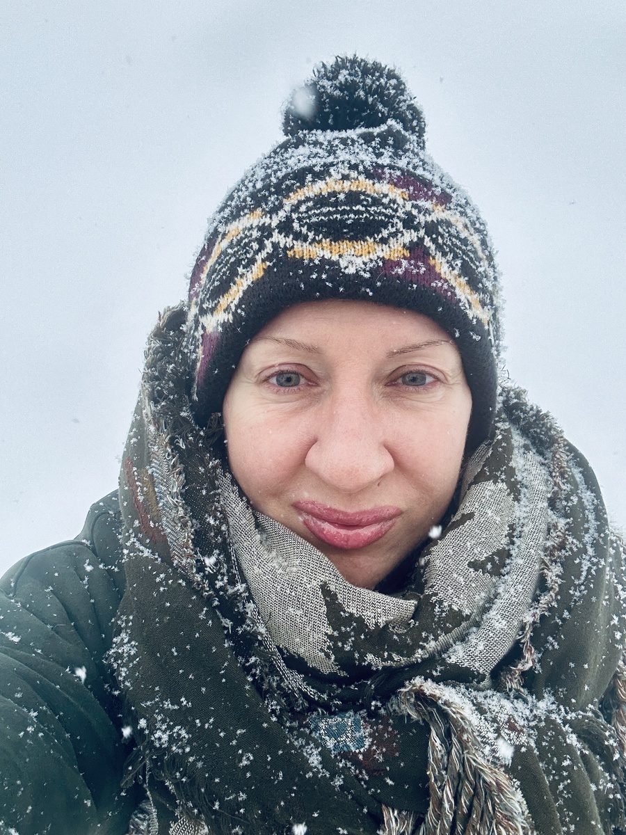 Лицо автора как бы выражает всю обескураженность и фраппированность холодами и снегопадами 