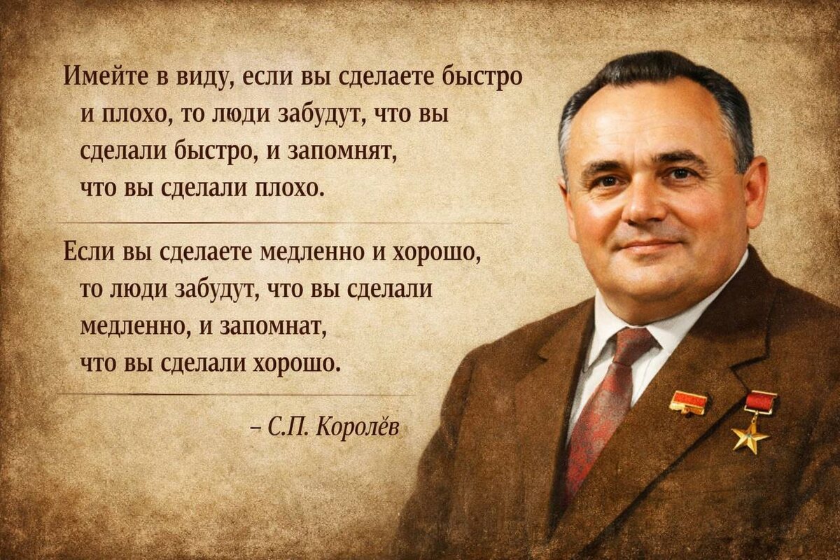 Эта мысль про качество, а не про скорость, очень точно попадает в управленческую реальность. Руководителю почти всегда хочется сделать быстрее. Давление сроков, ожидания людей, ощущение, что «надо было еще вчера». Но скорость забывается первой. Остаётся результат или его отсутствие. 

Плохо сделанное решение живёт долго. Оно возвращается переделыванием, конфликтами, потерей доверия и репутации руководителя. Хорошо сделанное, даже если оно заняло больше времени, со временем воспринимается как единственно возможное.

Королёв работал в условиях, где цена ошибки была запредельной. Там нельзя было «быстро и как-нибудь». И эта логика по-прежнему работает в управлении. Иногда правильнее не ускоряться, а сделать сразу хорошо. Пусть и не так быстро, как хотелось бы.

#управленческое_наследие