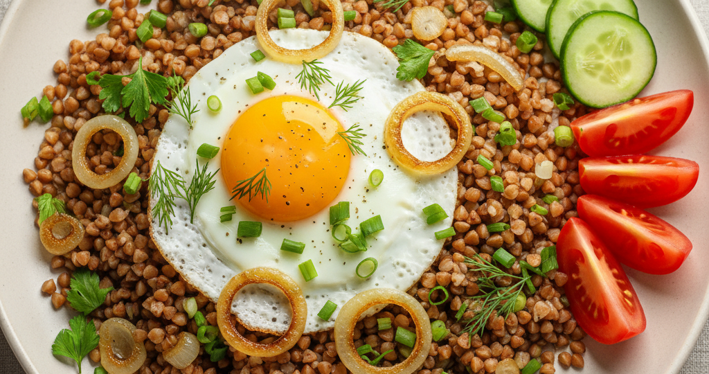 Сытный обед за 20 минут: готовлю гречку с яичницей и золотистым луком