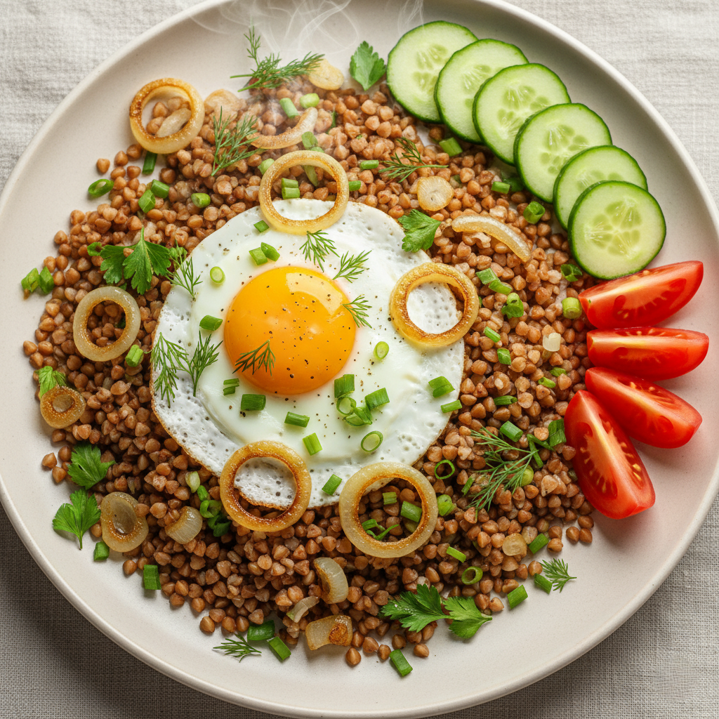 Гречка с яичницей и жареным луком