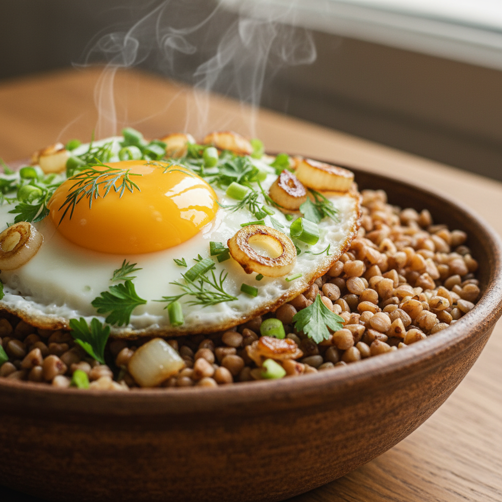 Гречка с яичницей и жареным луком