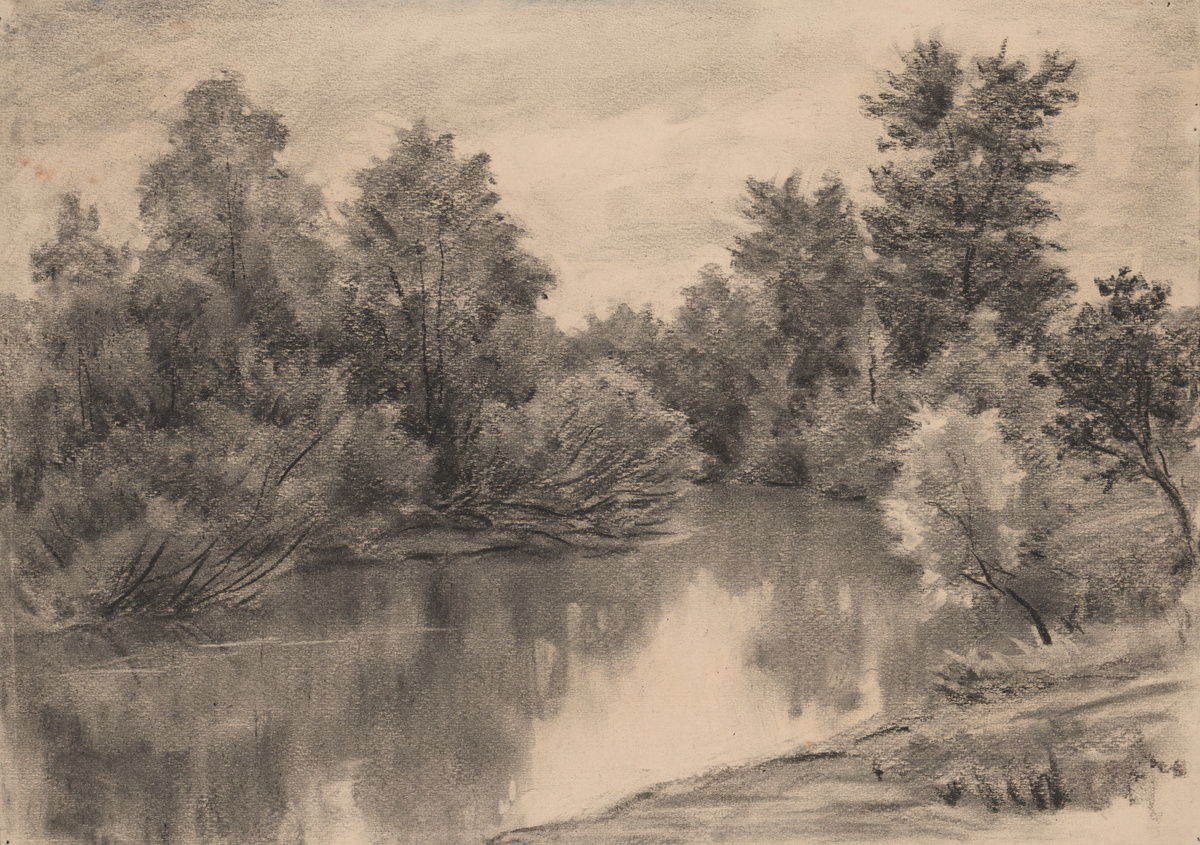 Сергей Михайлович Чехов (02.02.1901 - 27.12.1973). Бабкино. Место, где стояла купальня. 1956 г. Бумага, уголь. 