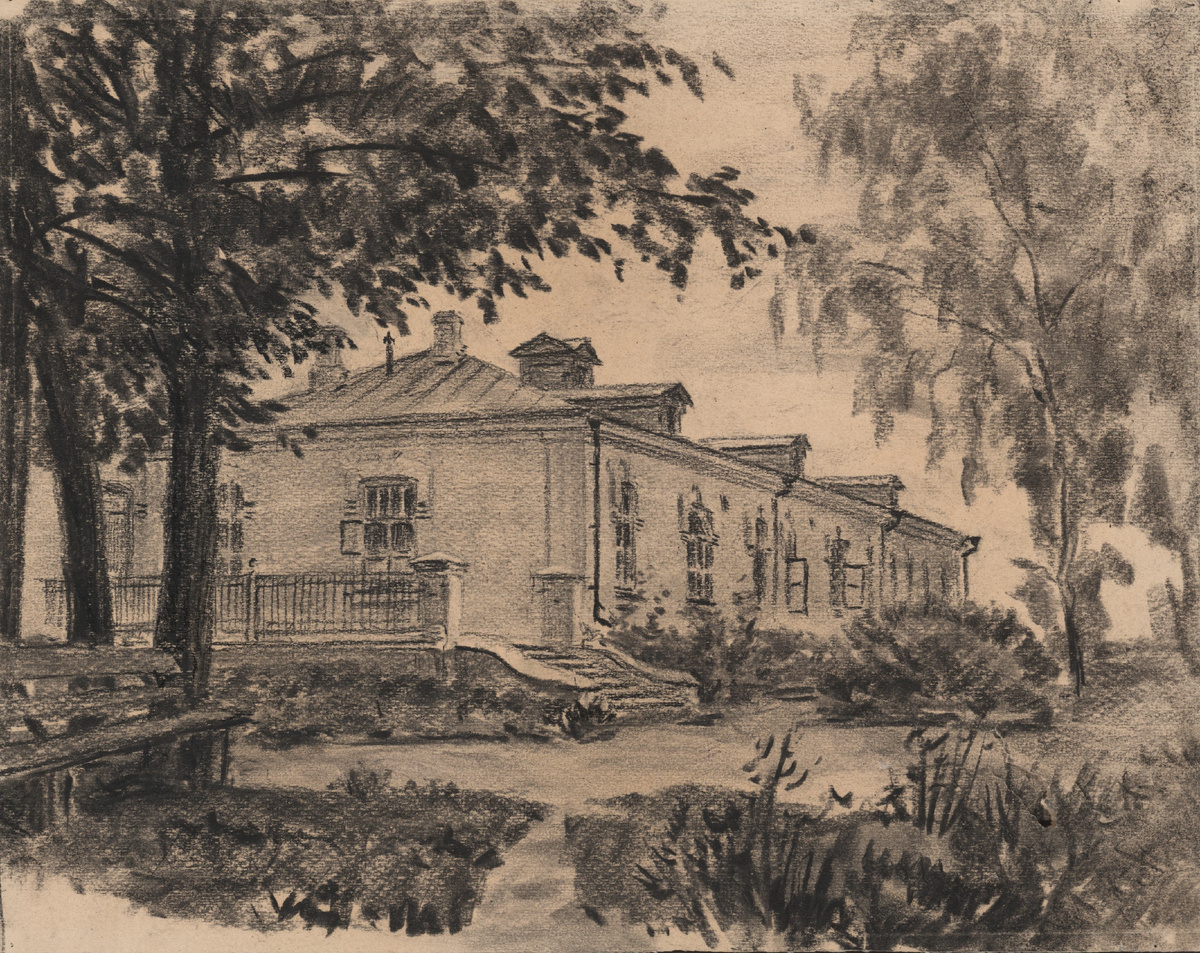 Сергей Михайлович Чехов (02.02.1901 - 27.12.1973). Истра. Больница, где работал Чехов. 1956 г. Бумага, уголь.