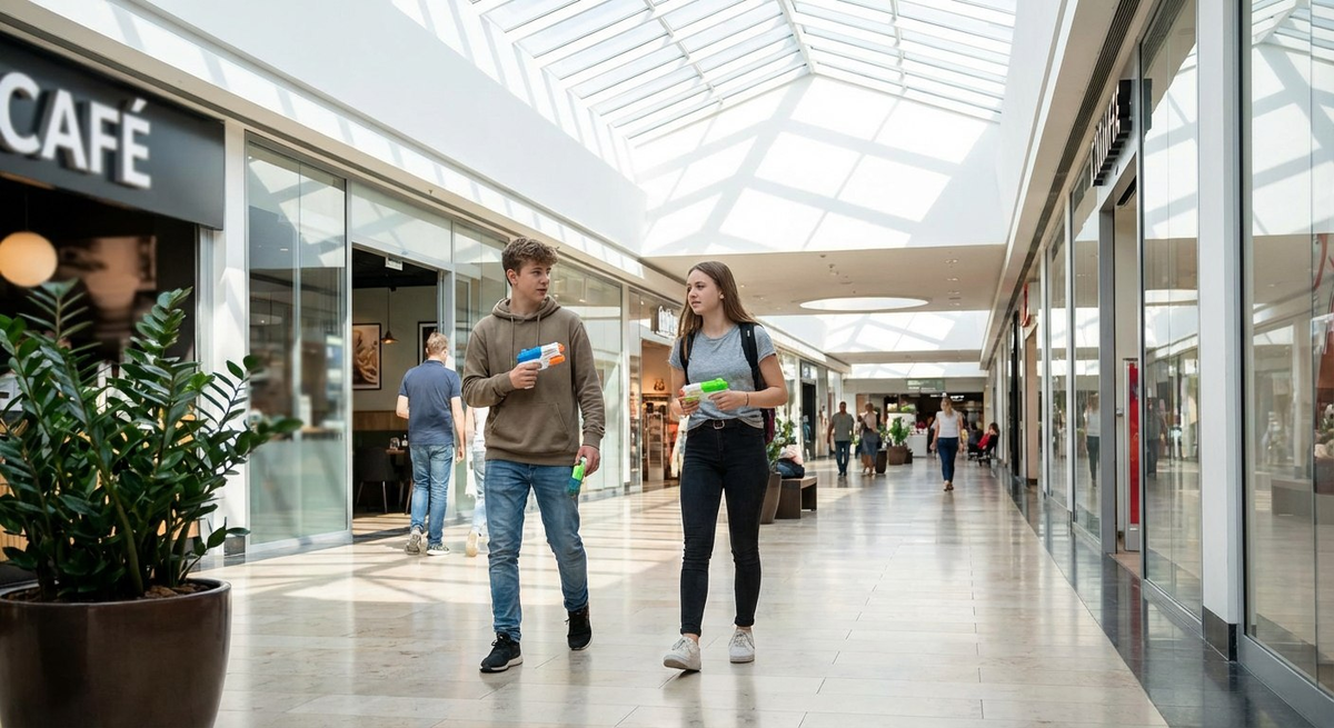 Подросток с пистолетом выстрелил в девушку у торгового центра в Санкт-Петербурге и скрылся с места происшествия. Изображение: ИИ Nano Banana