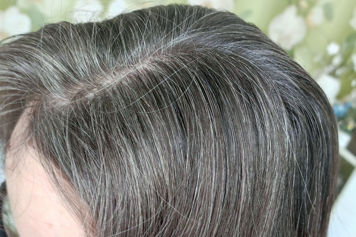 Седина у корней и по длине, фото от 23 января 2026 г. 3 января было сделано тонирование остатками бальзама Ирида, оттенок Терпкий кофе. Он смывается с волос полностью. 