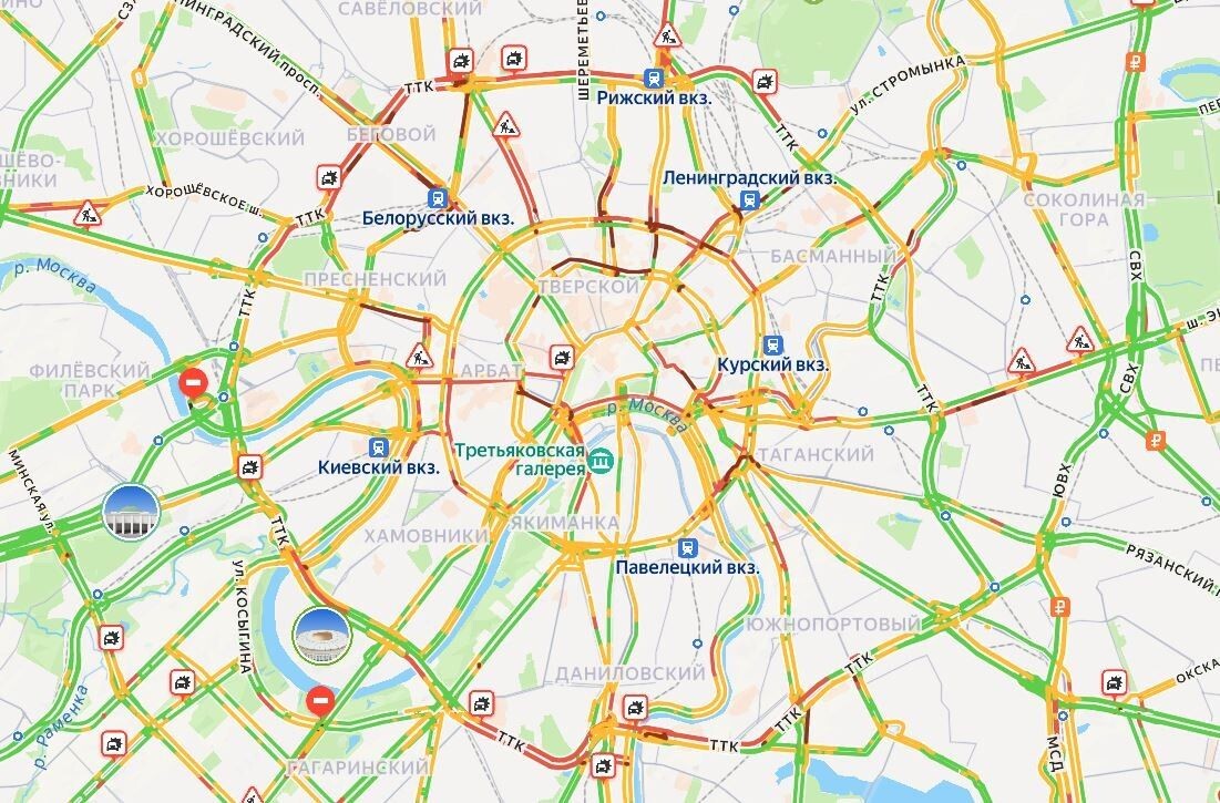 Посмотреть актуальную ситуацию можно на карте пробок в Москве — например, через сервис «Яндекс.Пробки». Источник: maps.yandex.ru📷
