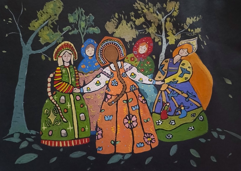 Васьковская Карина, Весенний хоровод, тонированный картон, гуашь