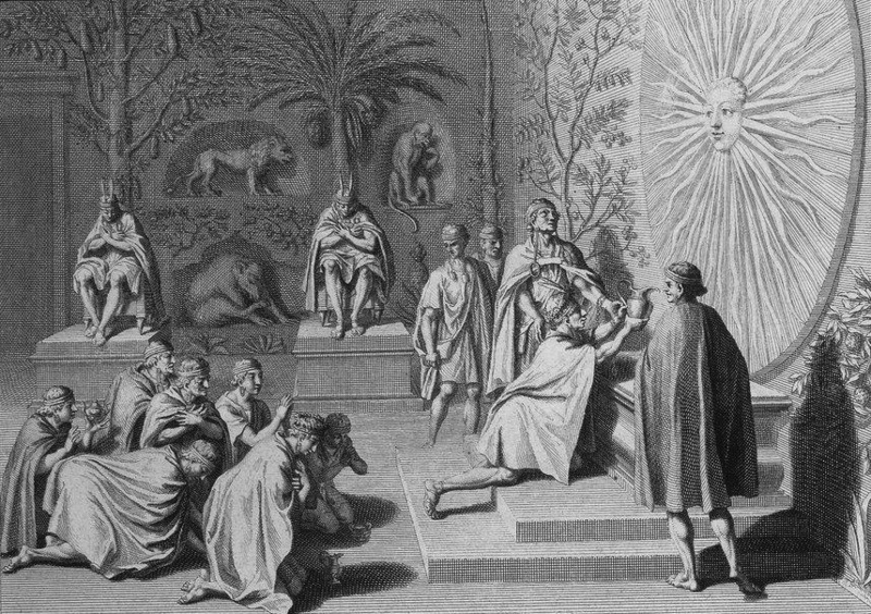 На гравюре изображено поклонение Инков богу солнца Инти