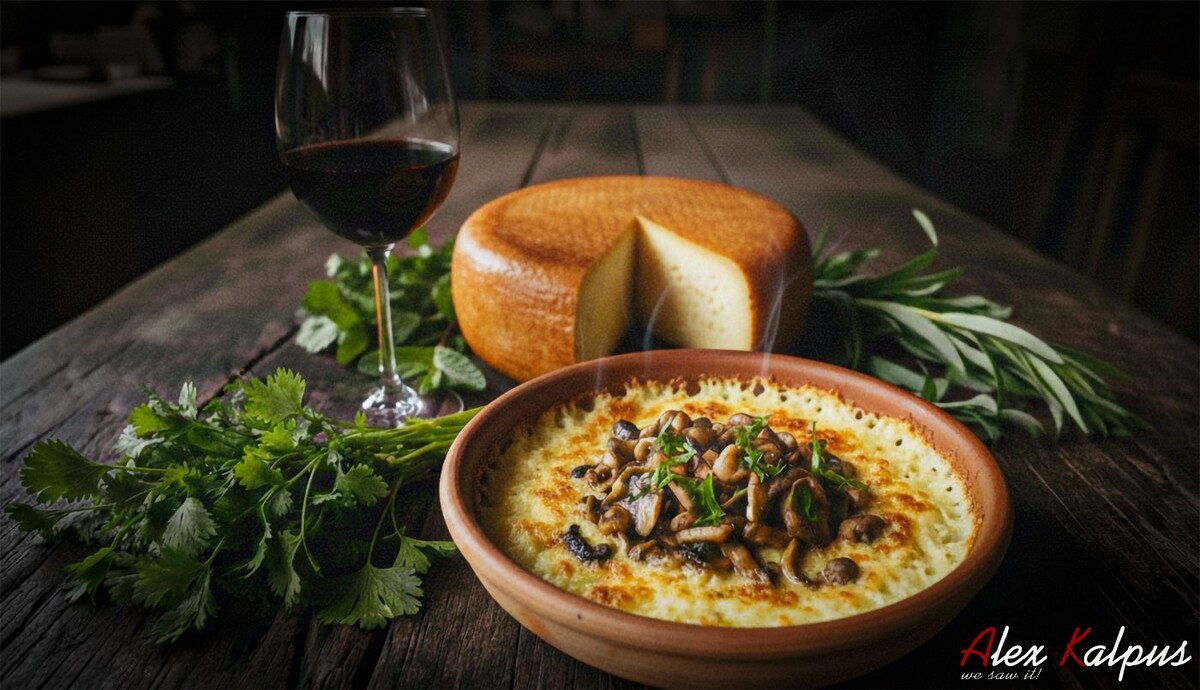 Ташмиджаби с вешенками, кучмачи или чашушули: Сванское картофельное пюре с сыром и лесным ароматом из горной Грузии. На фото копченый сулгуни, зелень, ташмиджаби с грибами.