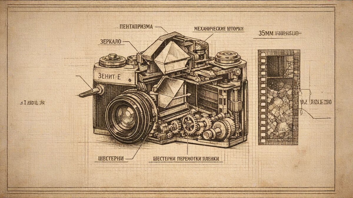 Анатомия Зенита: зеркало, пентапризма, механический затвор — никакой электроники, только физика