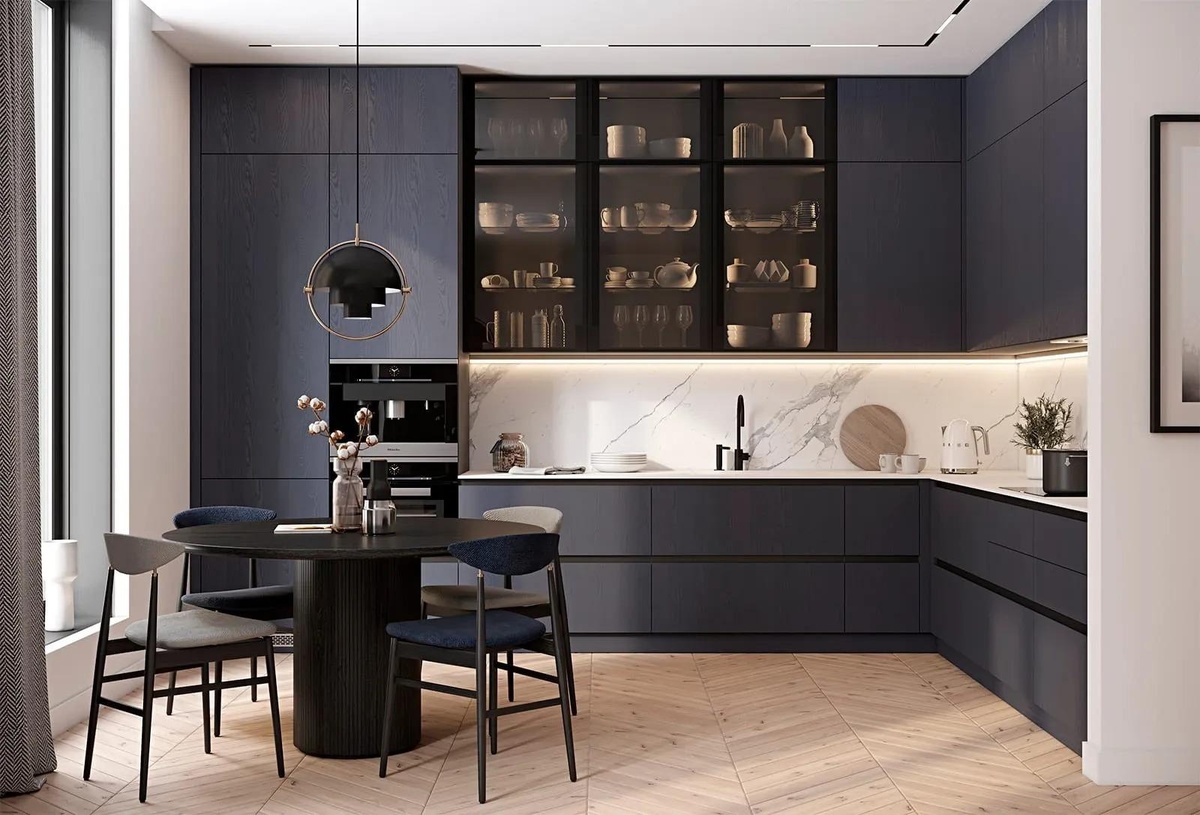 Г-образная кухня «Индиго» из шпона ясеня