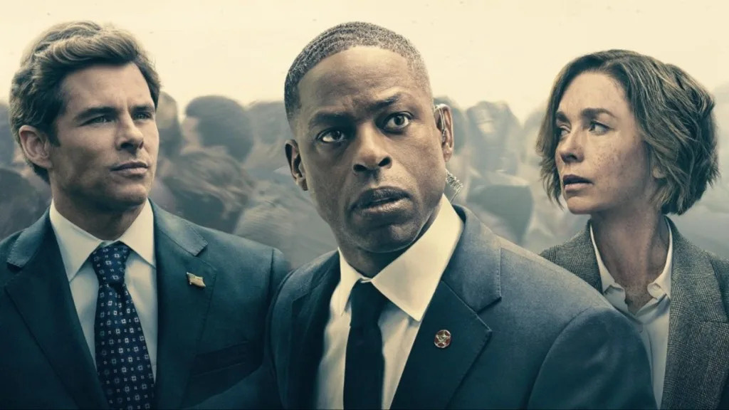 В центре Ксавье Коллинз (Стерлинг К. Браун), справа - Саманта "Синатра" Редмонд (Джулианна Николсон), слева - Кэл Бредфорд, президент (Джеймс Марсден)