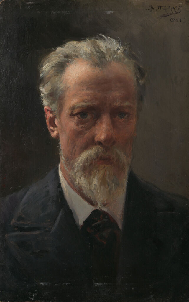 Автопортрет, на котором художник изобразил себя с тревожно-пристальным взглядом, был написан им в преддверии шестидесятилетия. На обратной стороне картины есть авторская надпись: «Милой Гале. На добрую память от В.Е. Маковского. 1905, 5 октября». Правообладатель: Третьяковская галерея (tretyakovgallery.ru).