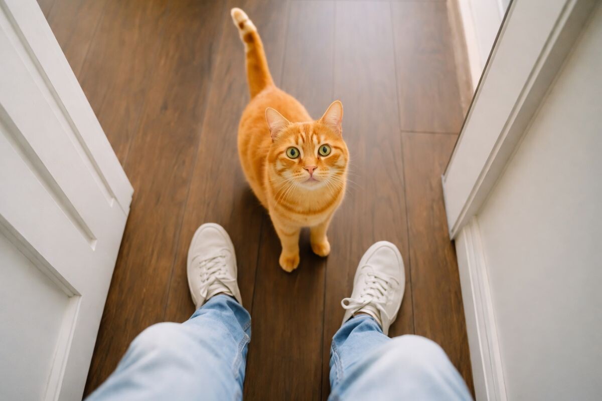 Кот встречает у двери 