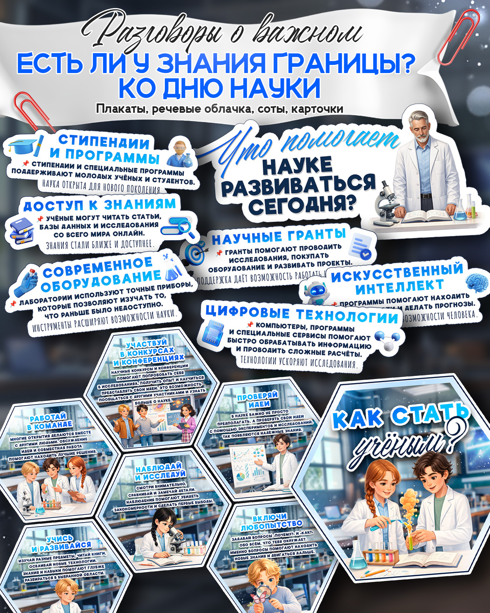 Соты (гексы) и карточки к «Разговоры о важном». Тема: «Есть ли у знания границы? Ко дню науки».