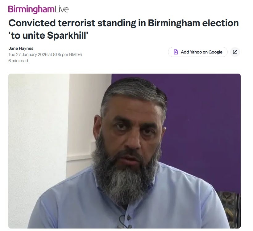 Перевод: Осуждённый террорист участвует в выборах в Бирмингеме, чтобы «объединить Спаркхилл*» (*Sparkhill - район в Бирмингеме)