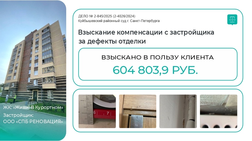 Судебная практика: взыскано в пользу клиента 604 803,90 руб. с застройщика за некачественную отделку