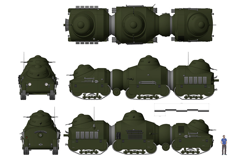 Пятисторонний обзор штурмового танка Jacquet, демонстрирующий его подвижную конструкцию и необычные башни.
