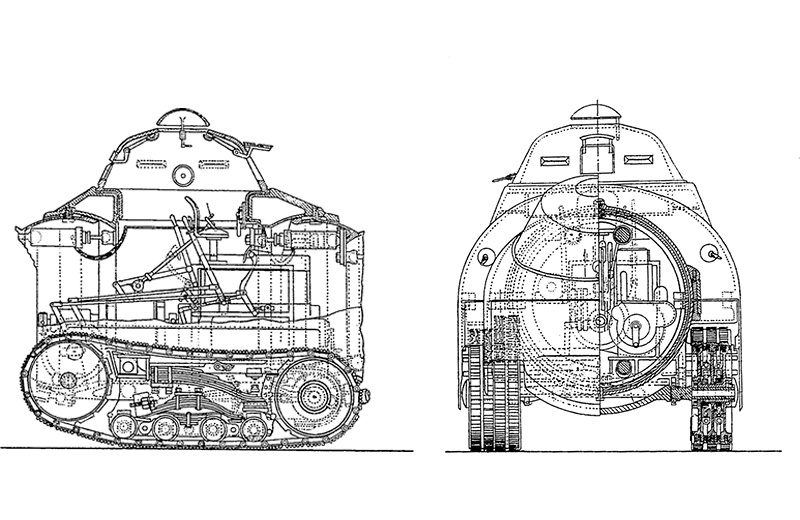 На левом изображении показано расположение мест для экипажа в центральной кабине транспортного средства, а также рычаги управления. Справа схематическое поперечное сечение передней части танка, показывающее двигатель и основную коробку передач, а также окружности, обозначающие сочленение.