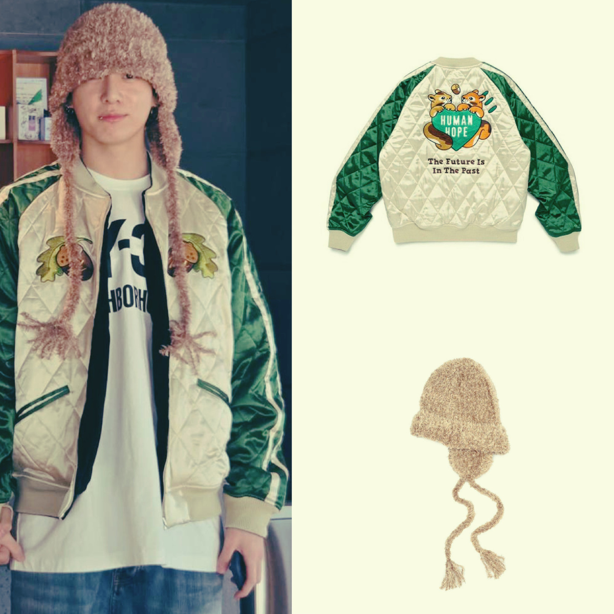 На Чонгуке куртка из коллекции Human Hope от Джей-Хоупа и большая эко-меховая шапка от Kijima Takayuk (он любит такие шапки)

 
