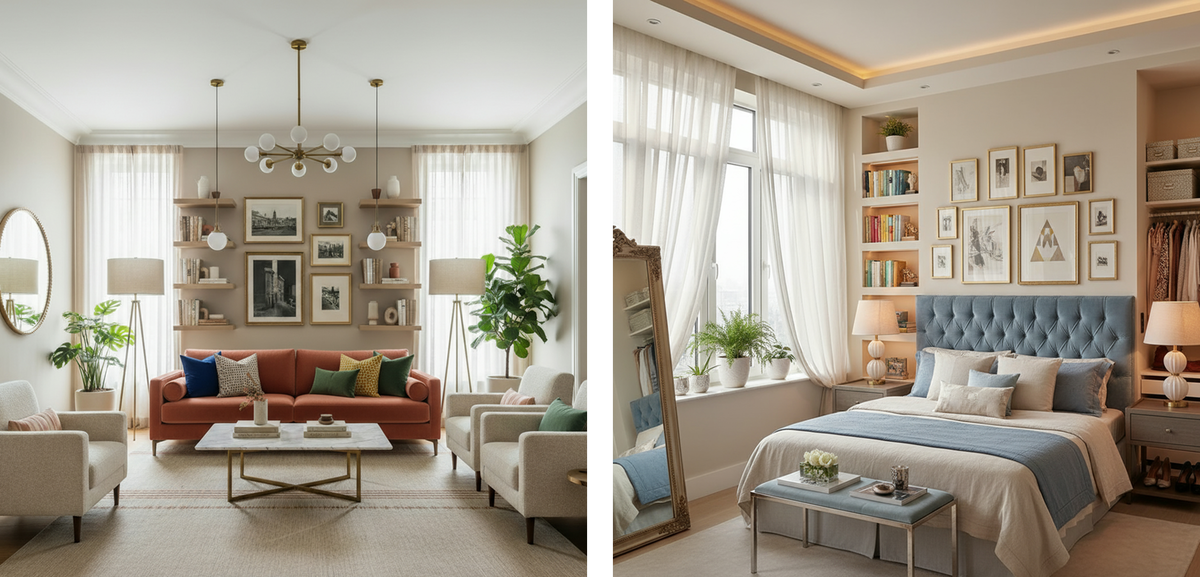 Иллюстрации созданы с помощью ИИ. Интерьер в стиле модерна. Немного от Келли Хопен. немного от классики.