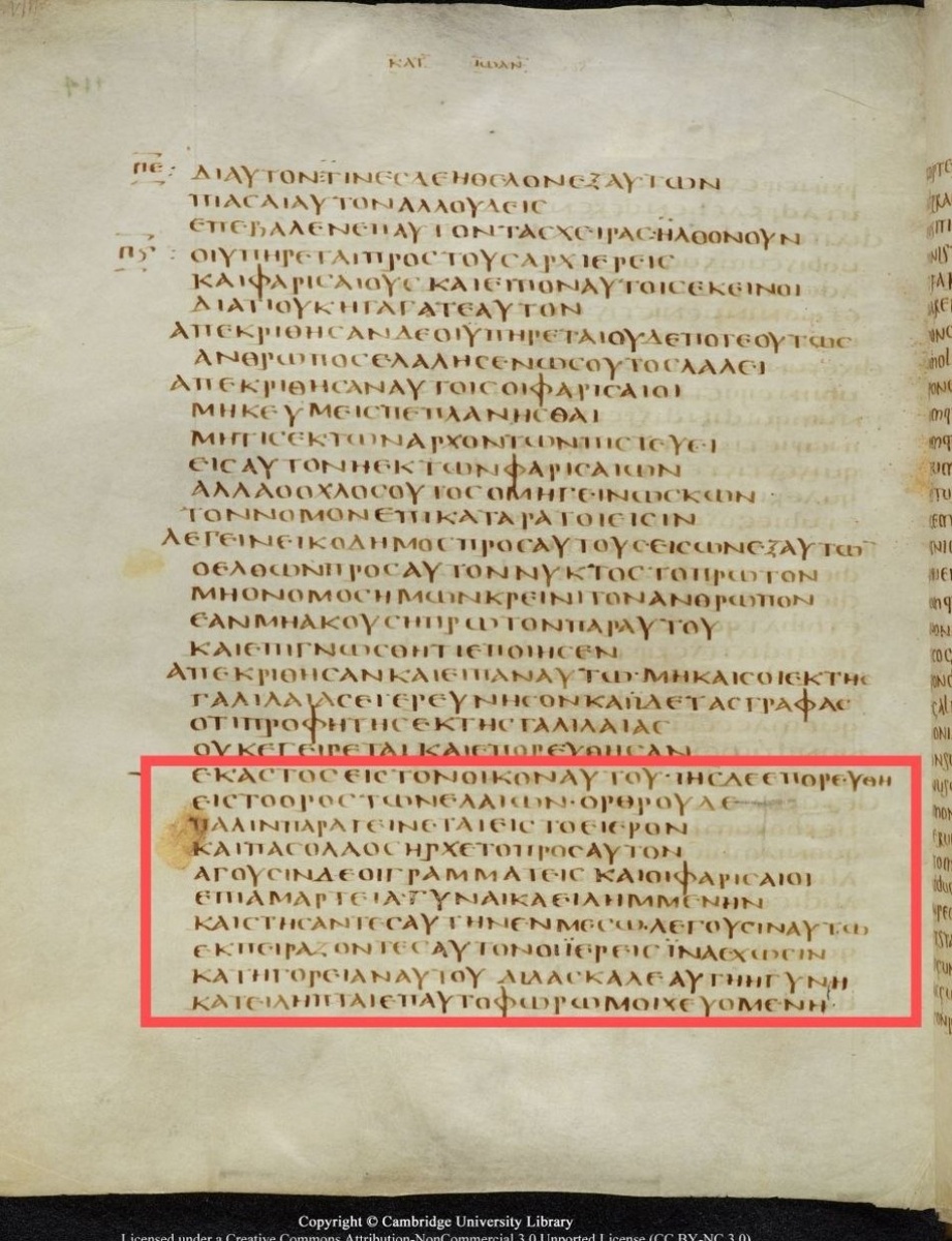Евангелие от Иоанна 8:1-4... Codex Bezae Folio 205v (IV-V век) (рис.1)