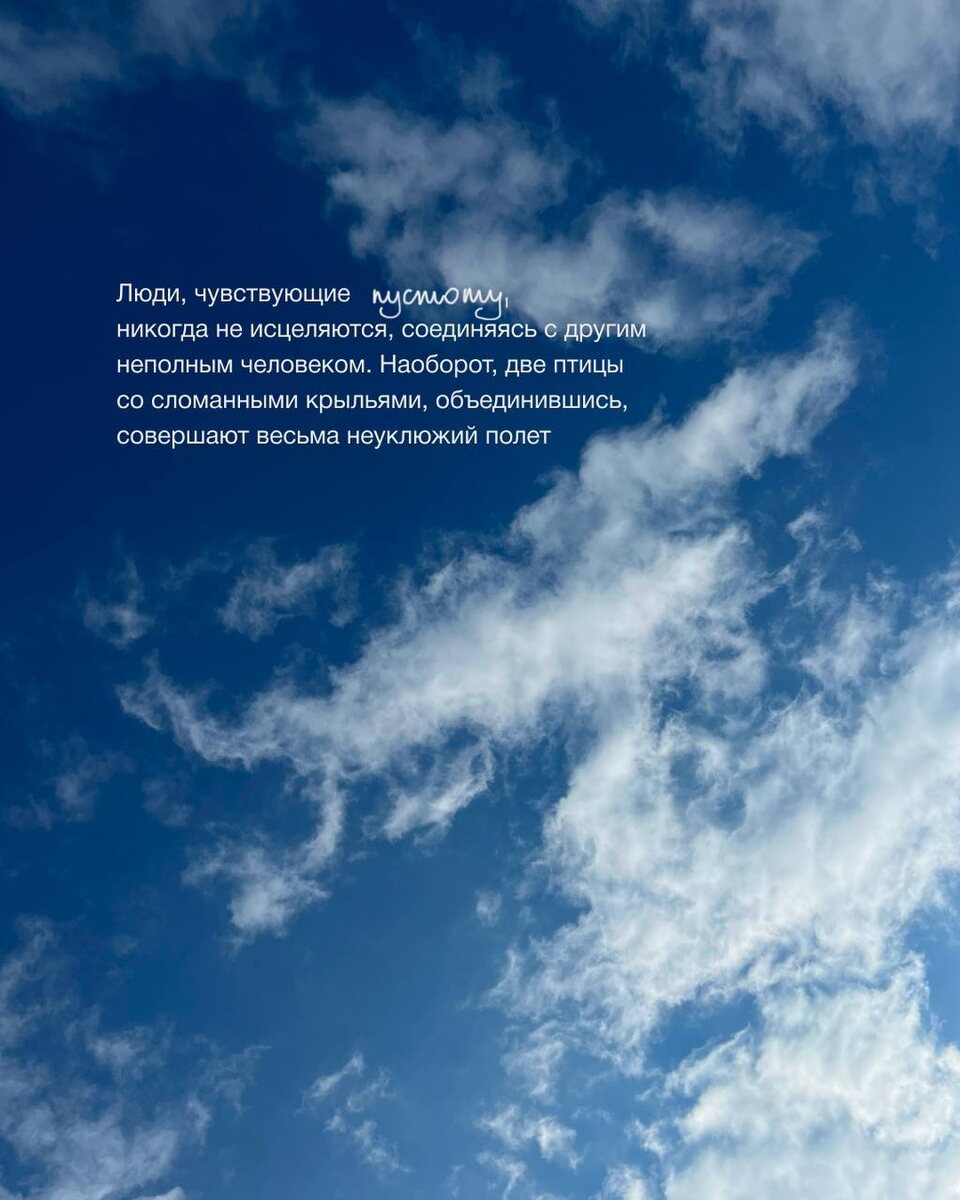 Люди, чувствующие пустоту, никогда не исцеляются, соединяясь с другим неполным человеком. Наоборот, две птицы со сломанными крыльями, объединившись, совершают весьма неуклюжий полет.