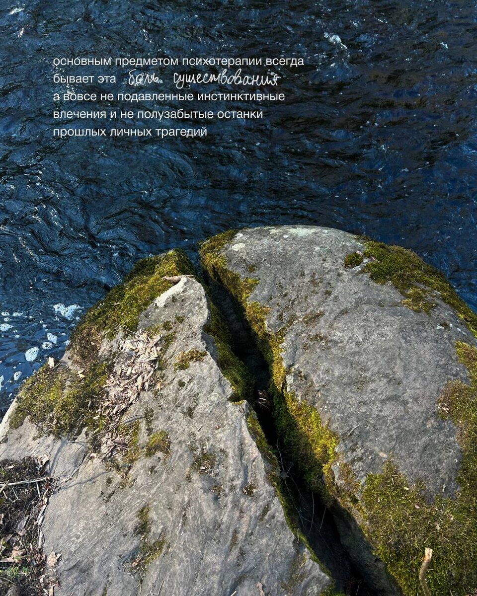 Основным предметом психотерапии всегда бывает эта боль существования, а вовсе не подавленные инстинктивные влечения и не полузабытые останки прошлых личных трагедий.
