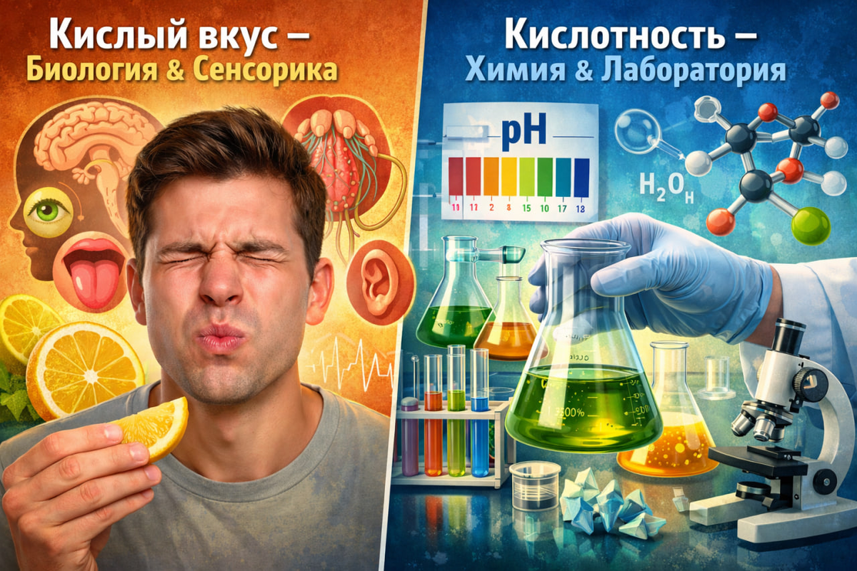 Коллаж: слева человек морщится, пробуя лимон — “кислый вкус: биология и сенсорика”; справа лабораторные колбы, шкала pH и микроскоп — “кислотность: химия и лаборатория