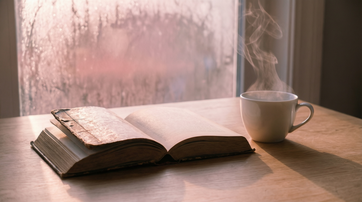 Тихое утро. Книга, чашка, свет. Никого больше не нужно.