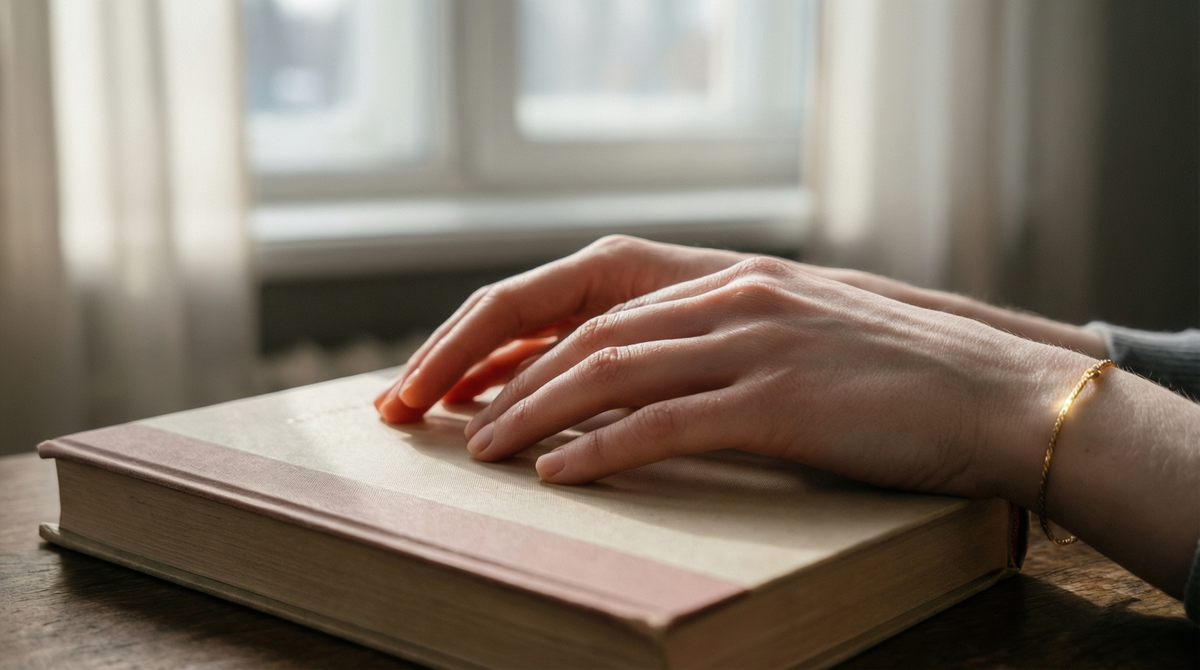Руки, касающиеся страницы — жест, в котором нет спешки. Только ты и твой момент.